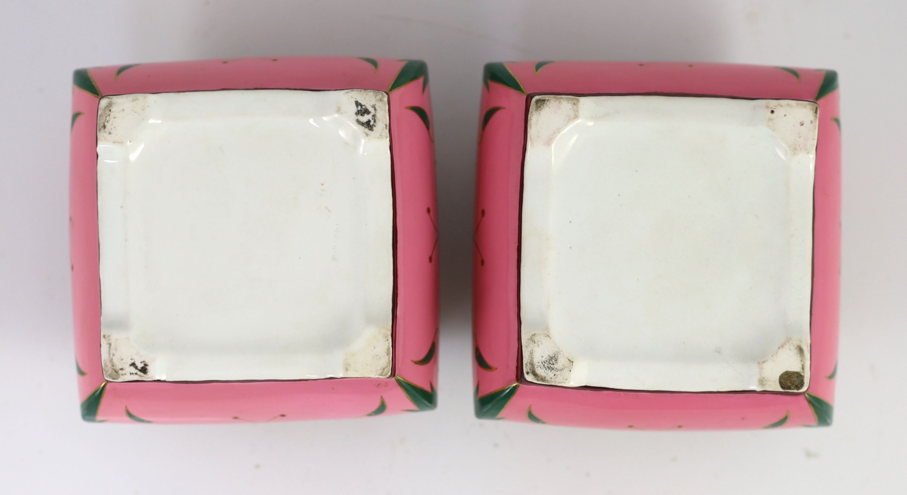 A pair of Minton pink ground square boxes and covers, c.1870, attributed to Christopher Dresser, 12cm wide